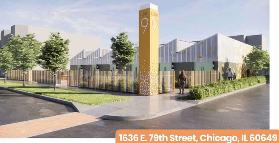 Rendering of Cloud Nine: studio storefronts and the Cloud Nine sign tower at 1636 E. 79th Street